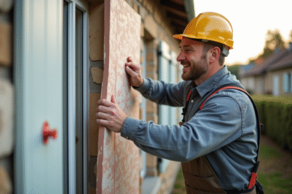 Ouvrier appliquant des panneaux d'isolation sur une maison