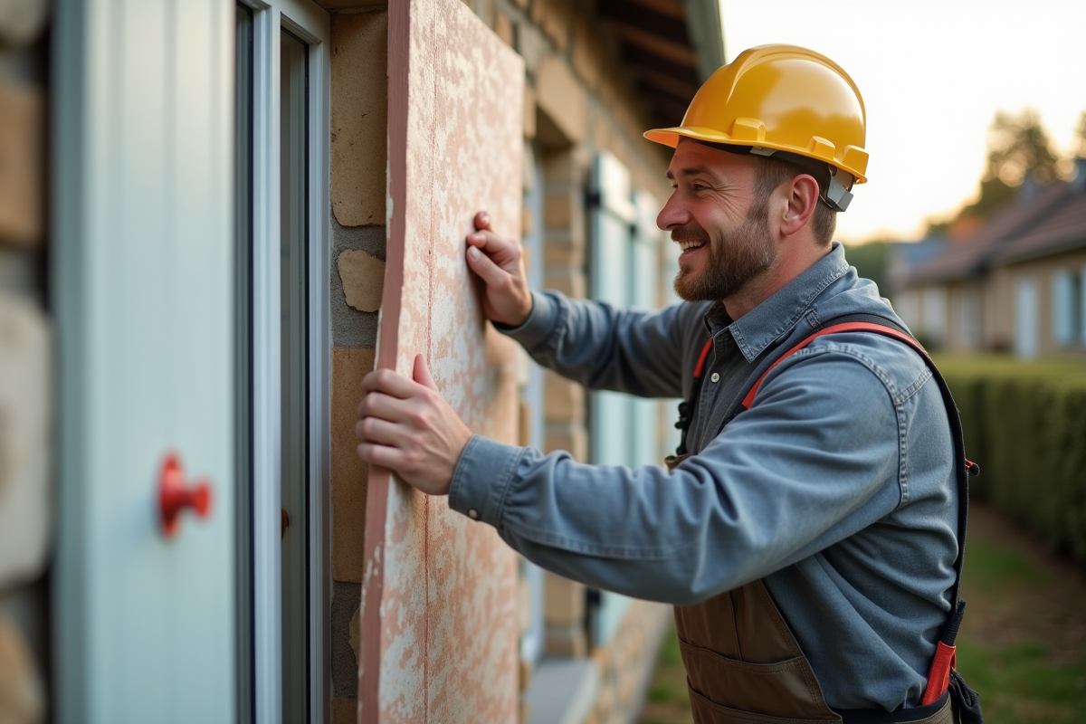 Ouvrier appliquant des panneaux d'isolation sur une maison