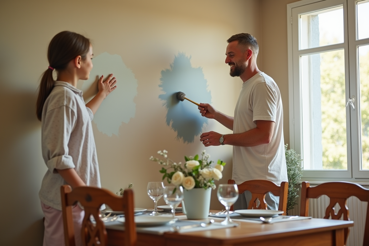 Père et fille peignant ensemble un mur dans la salle à manger