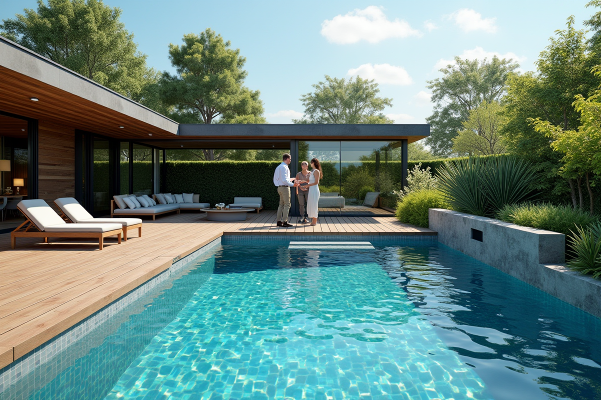 Piscine extérieure de luxe avec terrasse en bois et couple
