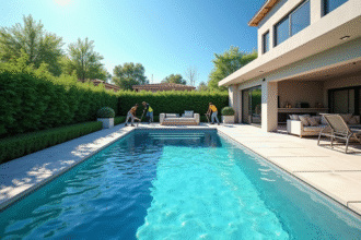 Piscine privée en construction dans un jardin ensoleille