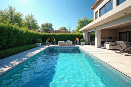 Piscine privée en construction dans un jardin ensoleille