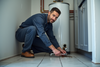 Plombier homme en overalls examine un chauffe-eau en réparation