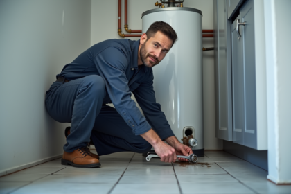 Plombier homme en overalls examine un chauffe-eau en réparation
