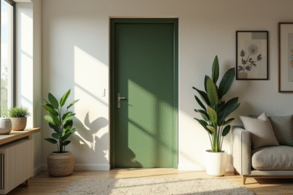 Salon moderne avec porte intérieure olive verte lumineuse