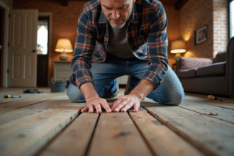Homme posant un plancher en bois recyclé dans un salon chaleureux