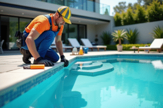 Technicien en uniforme réparant une piscine extérieure propre