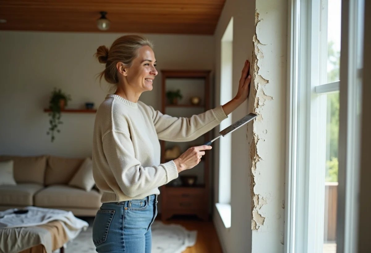 Femme repeignant un mur avec spatule dans un intérieur chaleureux