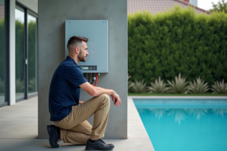 Technicien inspectant panneau électrique piscine extérieure