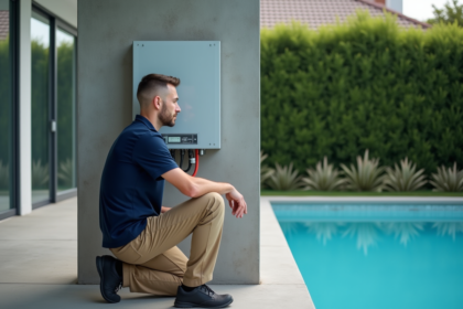 Technicien inspectant panneau électrique piscine extérieure