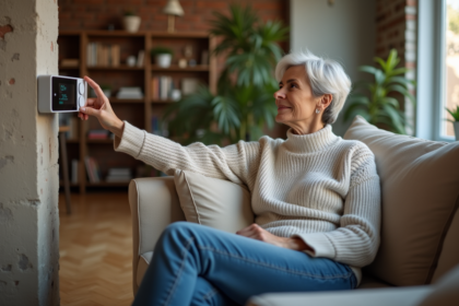 Femme ajustant un thermostat numérique dans un intérieur cosy